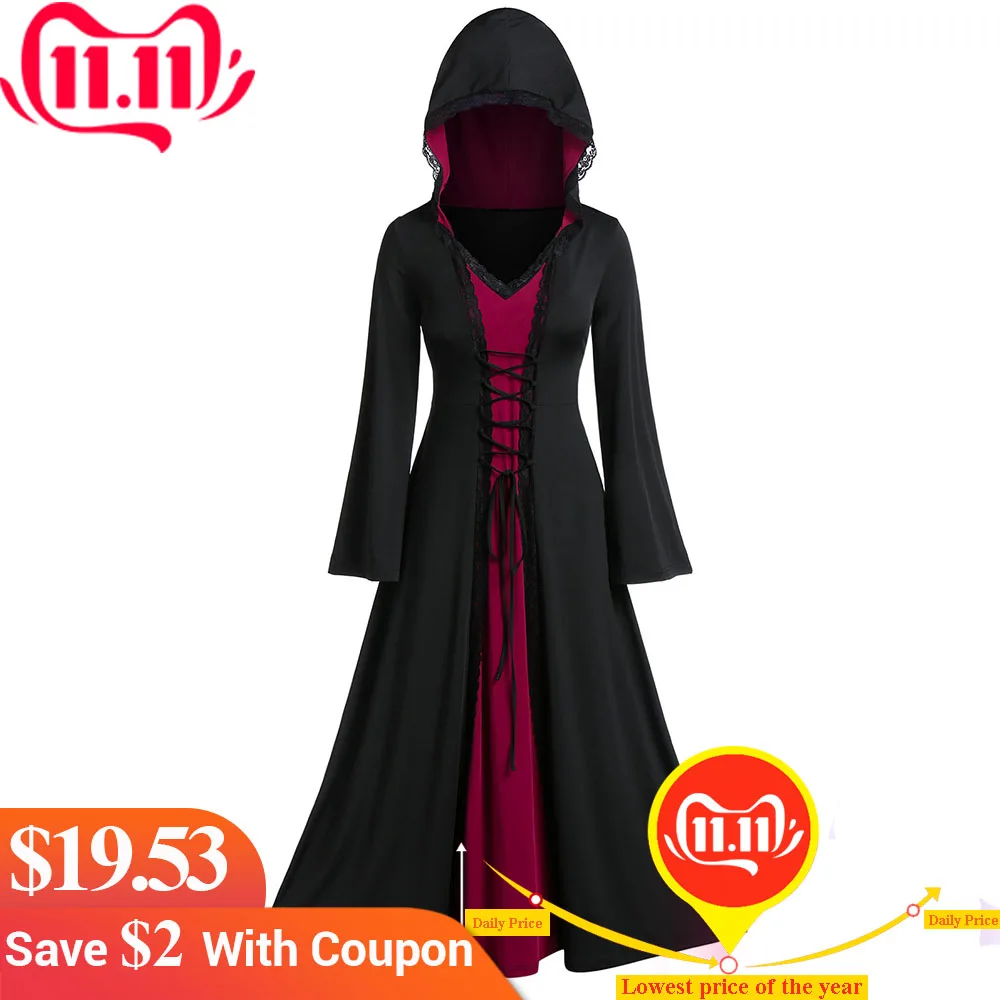 Mode Plus Size Hooded Maxi Two Tone Vintage Jurk Enkellange Lange Mouwen Lace Up Hoodie Jurk Vrouwen A-lijn gothic Jurken