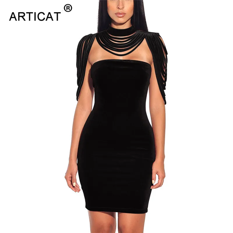 Articat, сексуальное плиссированное платье без бретелек с кисточками, женское облегающее мини-платье с открытой спиной на молнии, женское Клубное вечернее платье Vestidos - Цвет: Черный