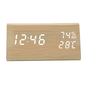 

Despertador Adjustable Brightness Backlight Voice Control Rechargeable Battery LED Wooden Alarm Clock Triangle Time Temperature