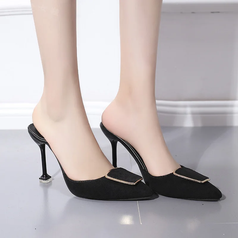 

2019 New Style Korean-style Versatile Lazy Semi-SLIPPER Women's Pointed Toe Fitting Shoes High Heel Shoes Large Size Slipper Wom