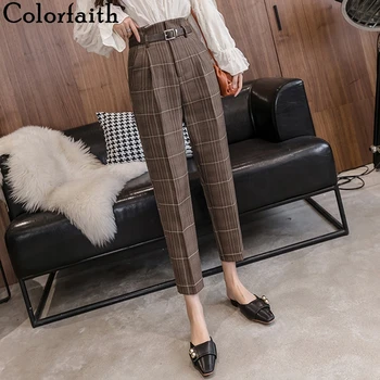 

Colorfaith New 2020 Autumn Winte Women Pants High Waist Straight Check With Belt Harem Ankle-Length Vintage Wild Trousers P2011