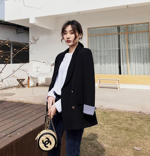 

Spring And Autumn Women Blazers And Jackets Stripe Patchwork Womens Coat Suits Loose Double Breasted Ladies Black Blazer