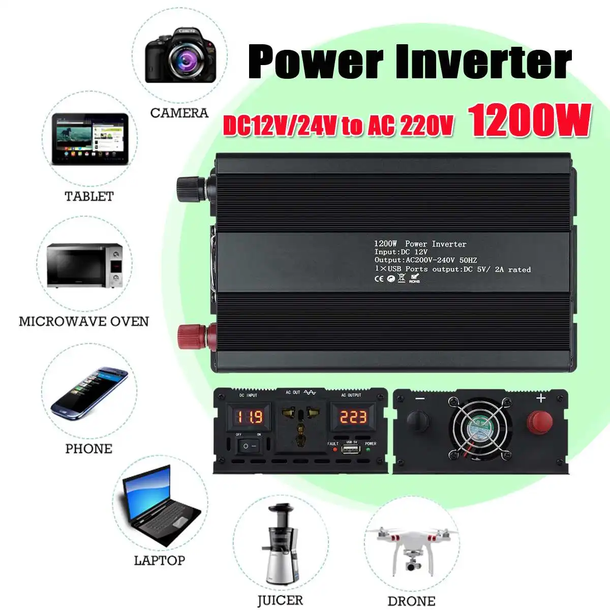 

Universal Socket 12V/24V To 220V 1200W Intelligent Screen Digital Display Pure Sine Wave Sinusoidal Power Inverter Converter