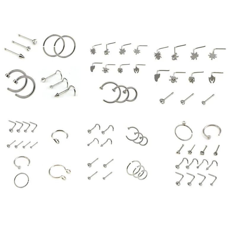 1Set Surgical Steel Hollow Heart Star Moon Zircon Nose Screw Ring Opal Nose Bone Stud  Holder Piercing Body Jewelry