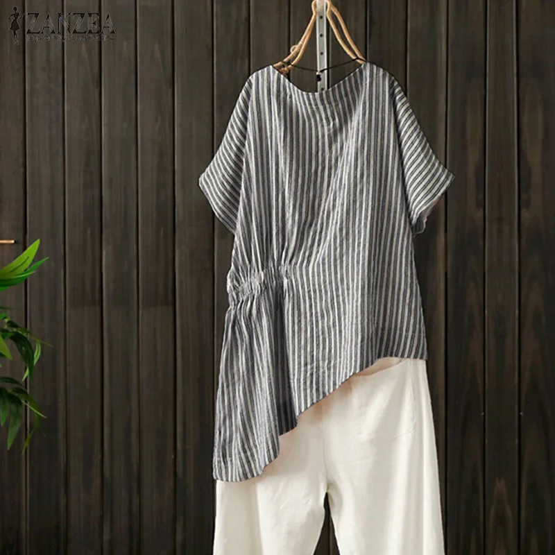  Elegant Striped Shirts Women's Summer Blouse 2019 ZANZEA Casual Asymmetrical Blsuas Female Elastic 