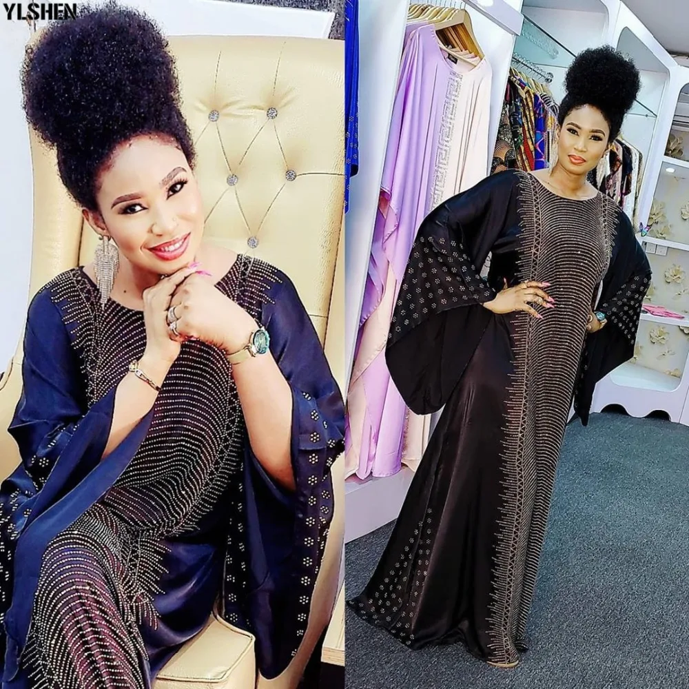 Plus Size African Dresses Abayas for Women Dashiki Diamond African Clothes Abaya Dubai Robe Evening Long Muslim Dress 01
