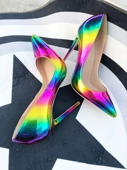 

New 12cm rainbow color matching high heels female stiletto pointed sexy shallow mouth single shoes large size 43 44
