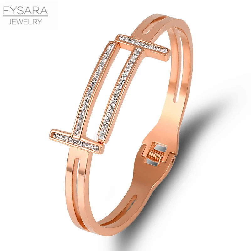 rose gold Бренд FYSARA, T браслеты-манжеты, браслеты для женщин, нержавеющая сталь, трендовые ювелирные изделия, золотой цвет, CZ Кристаллы, буквы, браслеты на Рождество - Окраска металла: rose gold