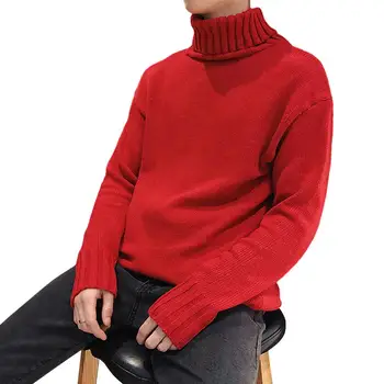 

MISSKY Autumn Winter Men Sweater Solid Color Fashion Loose High Collar Casual Knitting Long Sleeve Loose Sweater Male Tops