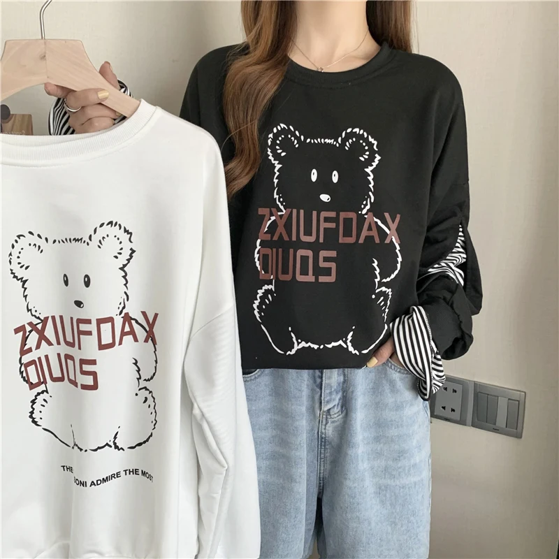 

Autumn Hoodies Harajuku Streetwear Cartoon Stripe Patchwork Thin Sweatshirts Women Full Sleeve White Black Pullover Teen Clothes
