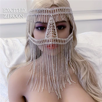 

EXCITED ZIRCON Bling rhinestone crystal luxury tassel headdress face jewelry mask bride wedding fashion jewelry woman party