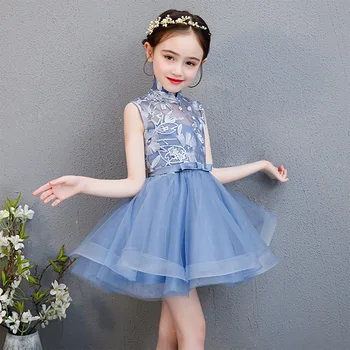 

Cute O-neck Girls Chinese Dress Blue Flower Embroidery Wedding Flower Girl Dress Ball Gowns Children Bow Tie Sashes Zipper Dress