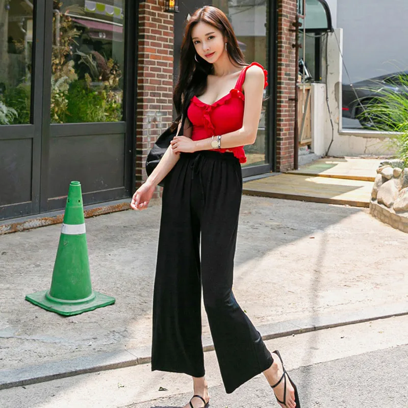 

WOMEN'S Suit 2019 Summer New Products-Flounced Dungaree Shirt High-waisted Loose-Fit Straight-leg Pants Trousers Two-Piece Set