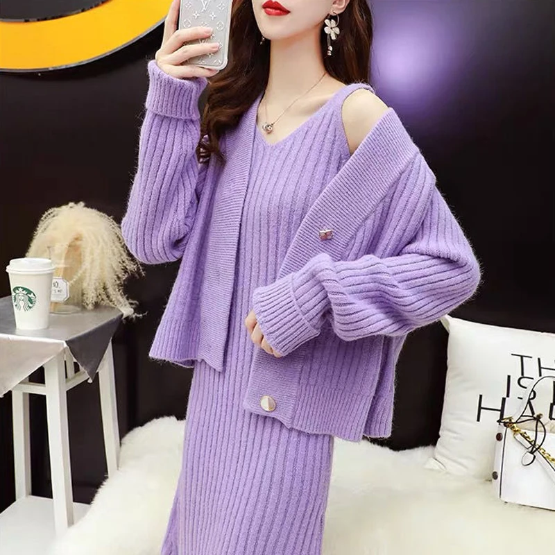 

Autumn Women Bodycon Sheath Sweater Dress Knitted Cotton Long Sleeve Casual Midi Solid Dresses 2pc