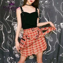 Harajuku клетчатая юбка с вышивкой; с карманами и высокой посадкой плиссированная юбка в стиле панк модное пальто с поясом для девочек, короткая юбка