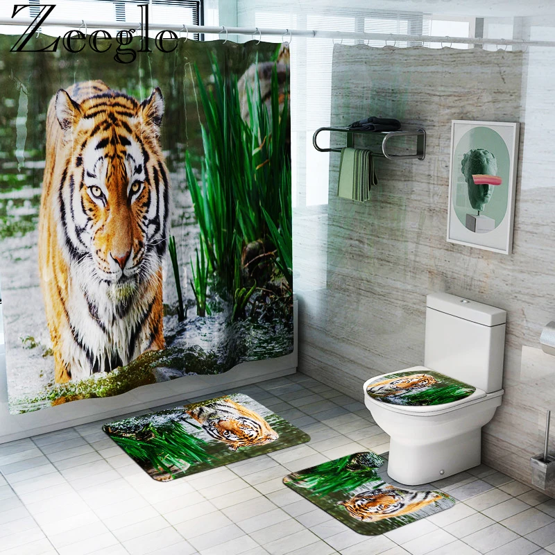 Tiger Printed Bathroom Carpet Set Bath Mat And Shower Curtain Set