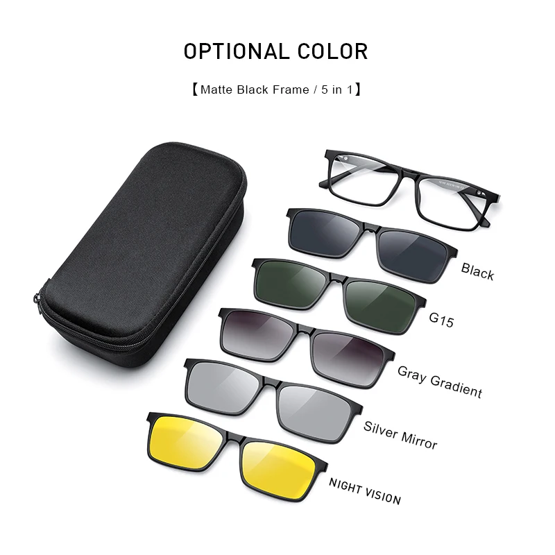 5 In 1 Magnet Polarized Clip Square Eyeglasses Frame Men Women TR90 Glasses Frame S2149
