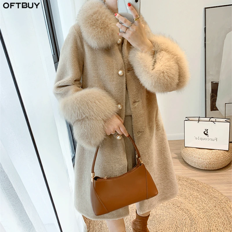 Женская уличная куртка из овчины OFTBUY, повседневная теплая толстая куртка с воротником из натурального лисьего меха, зимний сезон 2020 - изображение