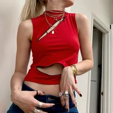 

Y2K Fashion Harajuku Hollow Sleeveless Red Navel Top E-girl Clothing Cute Tops Punk Streetwear Round Neck Zipper Tailored Vest