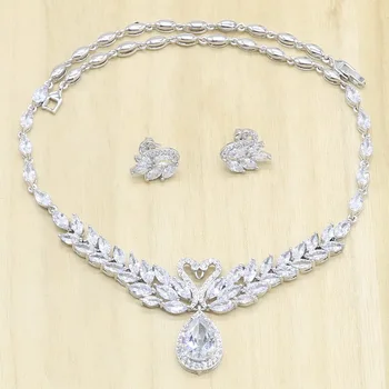 

Silver Color Bridal Jewelry Sets for Women White Semi-precious Necklace Stud Earrings Birthday Gift