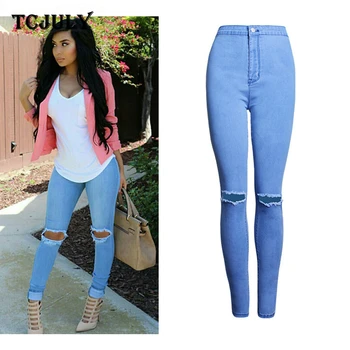 

TCJULY Stylish Cotton Washed Ripped Skinny Jeans Woman Slim Push Up Denim Pencil Pants With Holes Streetwear Stretchy Blue Jeans