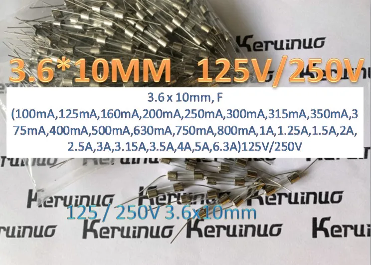 3.6 x 10mm F100mA 125mA 160mA 200mA 250mA 300mA 315mA 350mA 375mA 400mA 500mA 630mA 750mA 800mA Double cap glass fuse with lead |