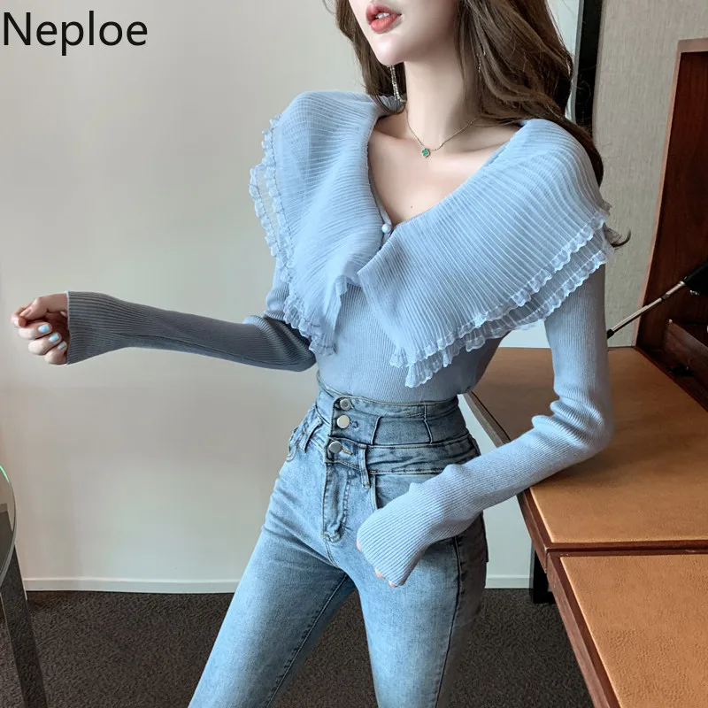 Neploe v-образный вырез сетчатый лоскутный пуловер с длинным рукавом и оборками