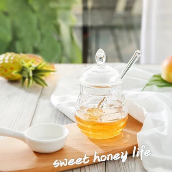 

245ml Honey Jar with Dripper Stick Transparent Beehive-shaped For Storing Dispensing Organizer Storage Tools Kitchen Accessorie/