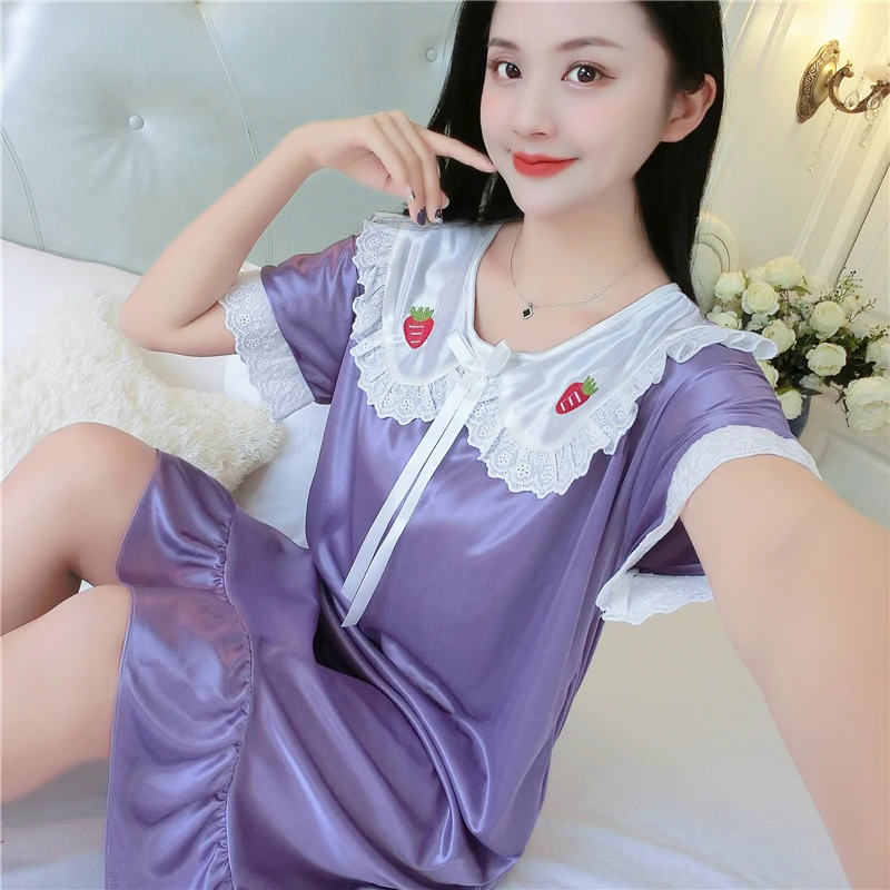 Peter Pan Collar Women Satin Nightgown Sexy Lace Sleepwear Strap New Ladies Silk Nightwear Sleep Wear Night Gown Lingerie Dress