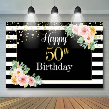 

50th Birthday Backdrop for Women Black Stripes Background with Flower Fabulous Fifty Birthday Party Banner Posing Shoot Backdrop