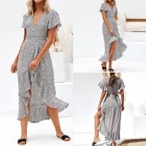 Women's Short Sleeve V Neck Short Rulffed Sleeved Summer Casual Large Swing High Waist Lace Up Irregular Long Leg Slit Dresses