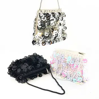 

19x14CM Women Dinner Bag Handmade Beaded Ring Sequin Bag Pearl Chain Handbag a5636