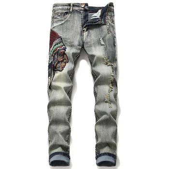 

KIOVNO Mens High Street Ripped Jeans Pants Fashion Embroidery Denim Trousers For Male Washed Size 29-36