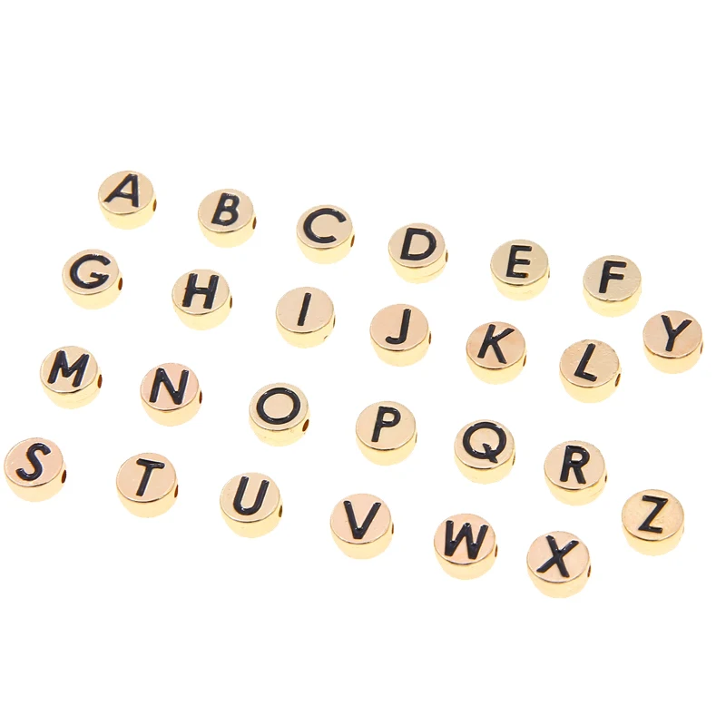 10/26PCS Flat Round 4X8MM Gold Color Letter Beads Metal Alloy