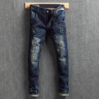 

Italian Fashion Men Jeans Slim Fit Embroidery Denim Cargo Pants Vintage Designer Jeans Men Streetwear Hip Hop Ripped Jeans Homme