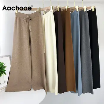 Aachoae-pantalones de punto lisos para mujer, pantalón informal holgado de pierna ancha, largo, con cordón, para el hogar, 2020
