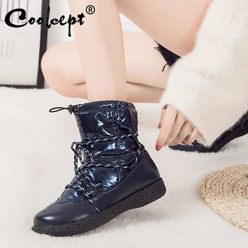 

COOLCEPT Waterproof Women Snow Boots Warm Solid Color Ankle Boots Winter Warm Fur Flats Shoes Women Footwear Size 35-43