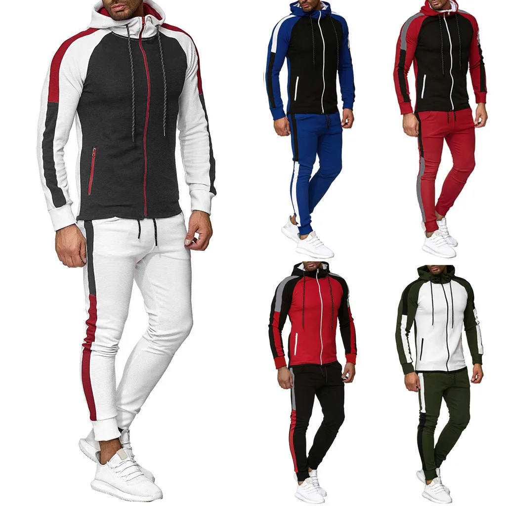 

feitong tracksuit Mens Fashion Autumn Gradient Zipper Print Sweatshirt Top Pants Sets Sport Suit Tracksuit Men vetement homme WW