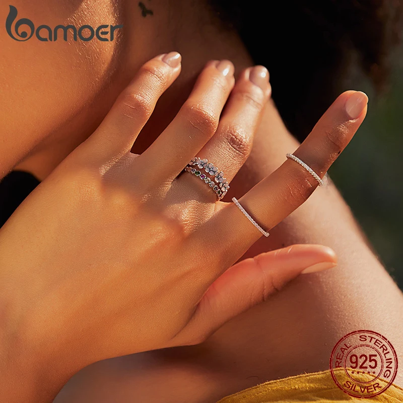 Bamoer 925 Sterling Zilveren Regenboog Zirkoon Stapelbaar Band Ring Voor Vrouwen Trendy Fashion Dazzling Cz Steen Anillos Sieraden Gift