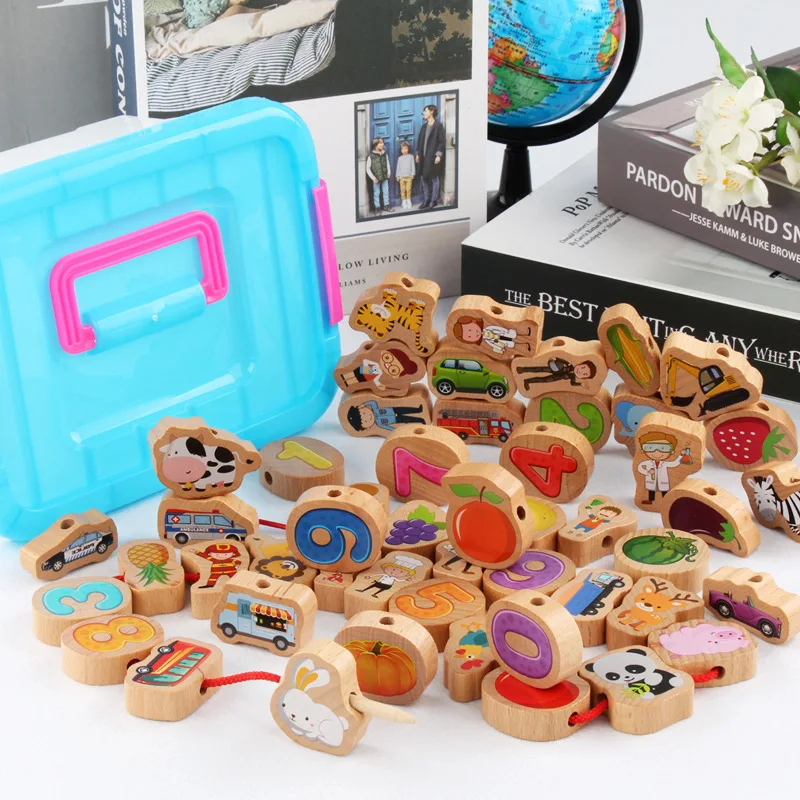

Building Blocks Large Particles Children with Numbers Traffic Building Blocks Wood Beaded Bracelet Baby Wearing Rope Cognitive 1