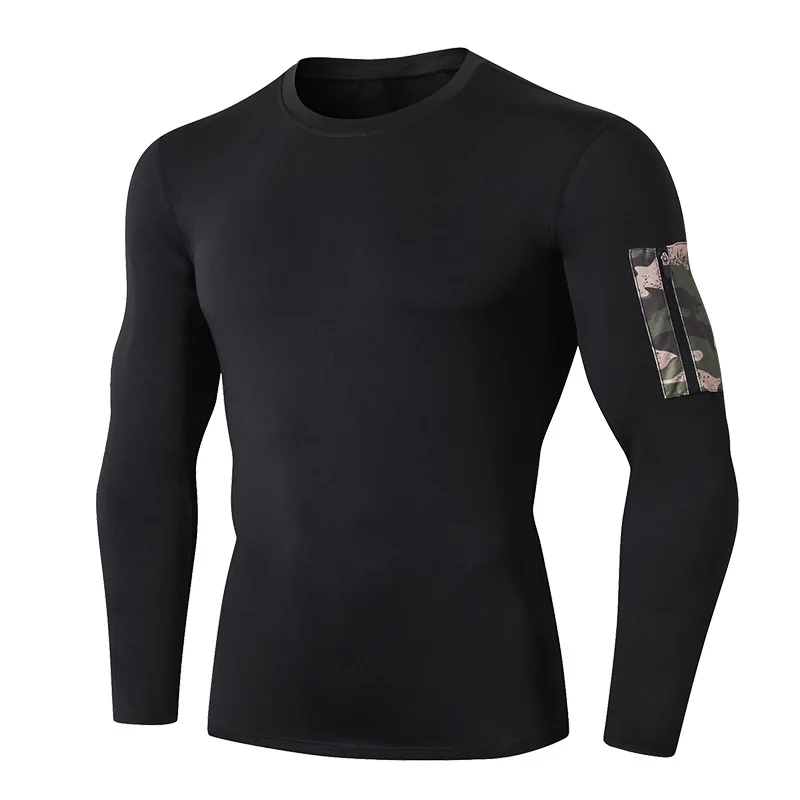 Мужская футболка Rashguard, Мужская компрессионная футболка, футболка для спортзала, черная футболка с длинным рукавом, камуфляжная рубашка с рукавом и карманом на молнии, базовый слой для мужчин