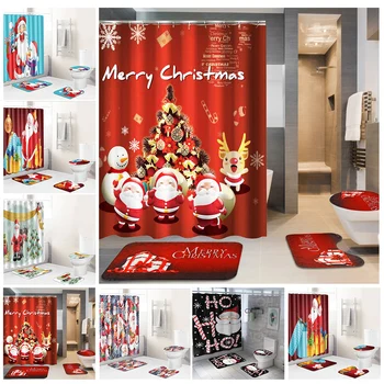 

Merry Christmas Bathroom set Snowman Santa Father Bell Gift Pattern Waterproof Shower Curtain Toilet Cover Mat Non Slip Rug