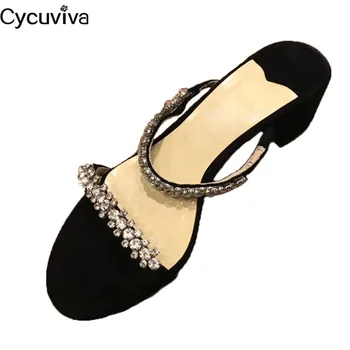 

Concise Two Belts Crystal Shoes Chunky Heel Slippers Women Summer Sandals Runway Party Shoes Woman High Heels Sandalias Mujer