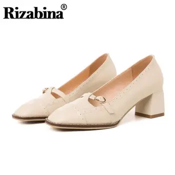 

RizaBina Real Leather Square Heel Pumps Woman High Quality Office Ladies Slip On Retro Basic Pumps Footwear Size 33-40
