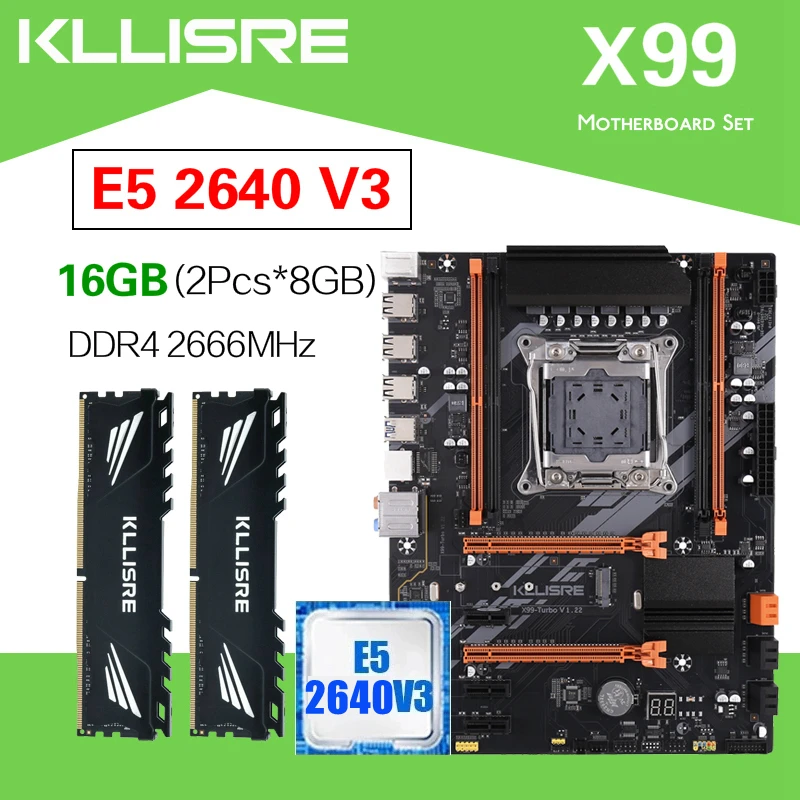 Kllisre X99 D4 motherboard set Xeon E5 2640 V3 LGA 2011-3 CPU 2pcs X 8GB =16GB 2666MHz DDR4 memory best desktop motherboard