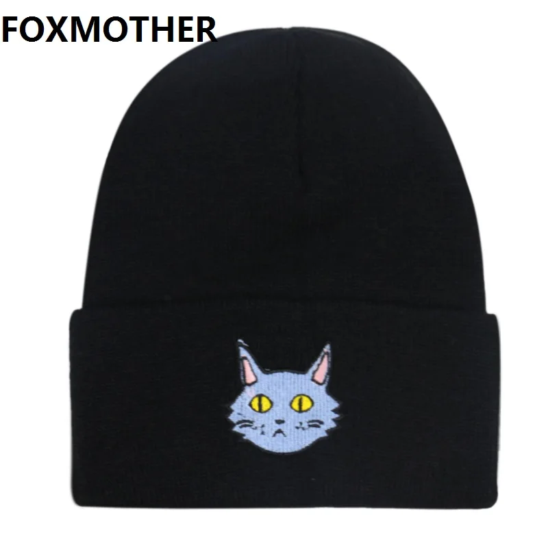 FOXMOTHER женская вязаная Толстая шапочка кошка шапка с принтом зимняя шапка шапки теплые зимние шапки женские шапочки - Цвет: Черный