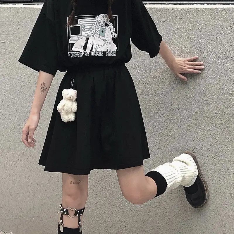 Goth Streetwear Short Sleeve Top Tee Female Kawaii y2k mujer gothic kpop футболка Harajuku Anime Print Black Crop Women T-shirts
