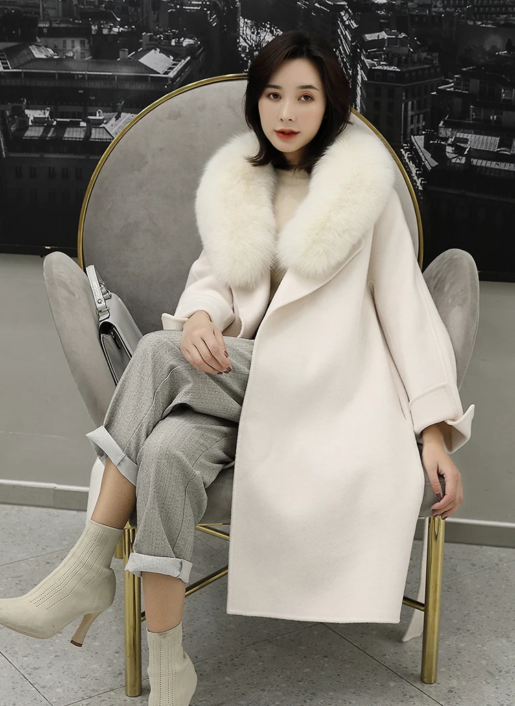 Discount Women 2019 Winter Natural Fox Fur Collar Double-Sided Wool Blends Coat Female Thicken Warm Sheep Shearing Long Overcoat 19