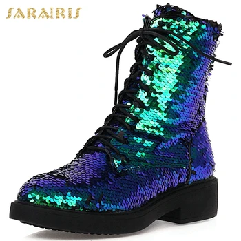 

SARAIRIS Big Size 43 Chunky Heels Fashion Brand Sequined Winter Shoes Women Ankle Motorcycles Boots Female
