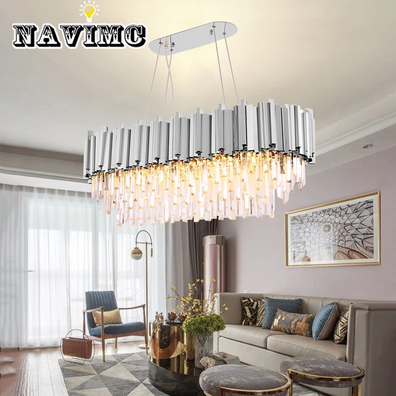 

Modern Rectangular Luxury Gold and Silver Crystal Chandelier Stainless Steel Kitchen Living Room Lamp